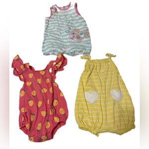 Baby Girl Bubble Romper Bundle 3 Pc Lemon Coral Yellow Summer Size 3-6 months